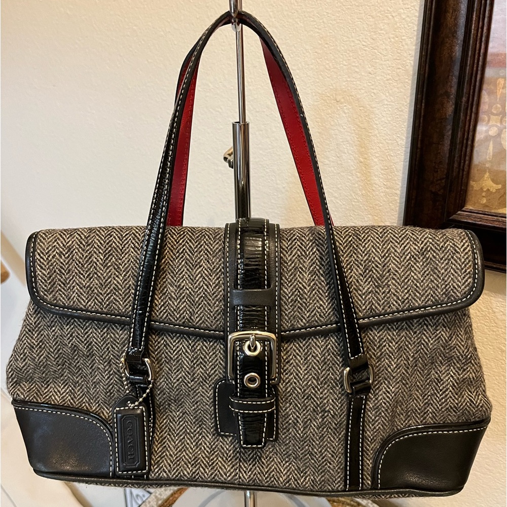 Coach Vintage Wool Herringbone Bag. Grey with black leather accents. NWOT